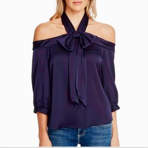 CeCe Blue Silk Off the Shoulder Blouse